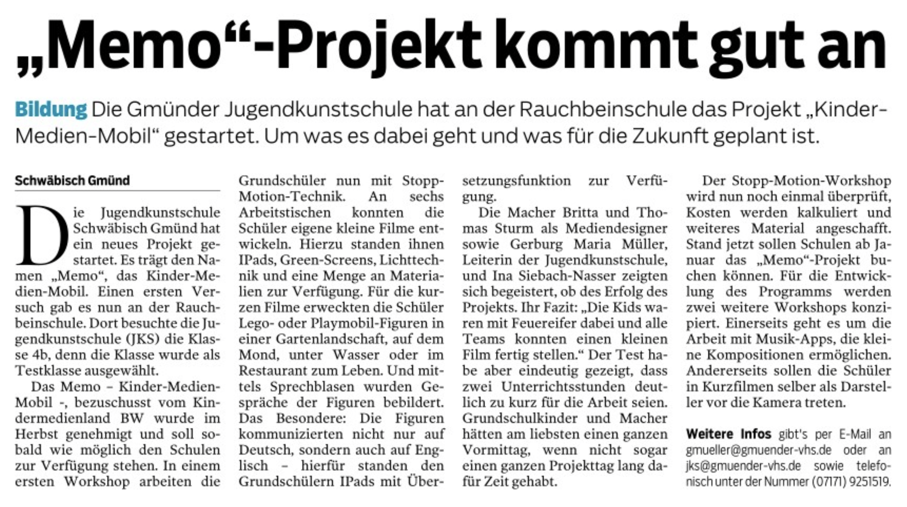 Zeitungsartikel "Memos"-Projekt